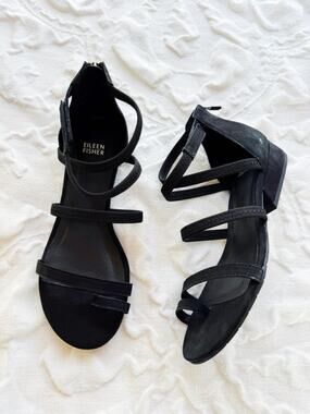 Eileen Fisher Black Strappy Block Heel Sandals Size 9.5